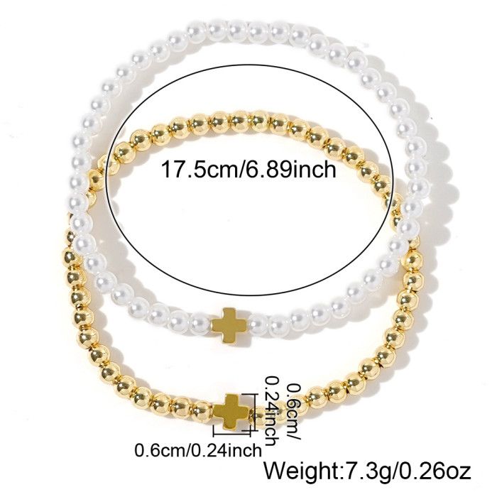 Cross-Border Fashion Personality Iron Gall Stone Cross Bracelet Imitation Pearl Layered Bracelet Copper Bead String Beaded Women's Bracelet