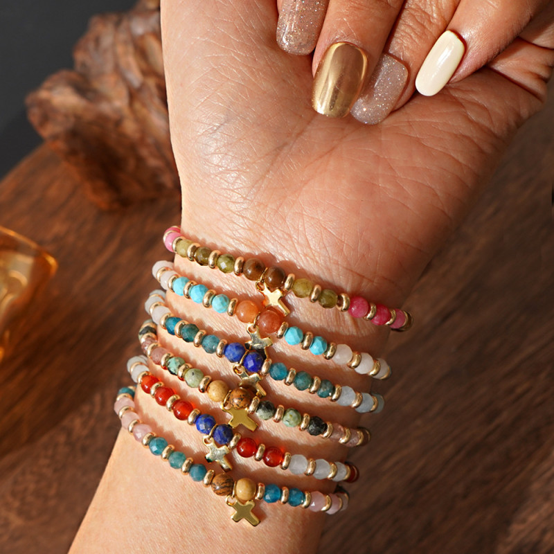 Cross-border Vintage Turquoise Handmade Beaded Bracelet Natural Crystal Gemstone Cross Pendant Elegant Accessory