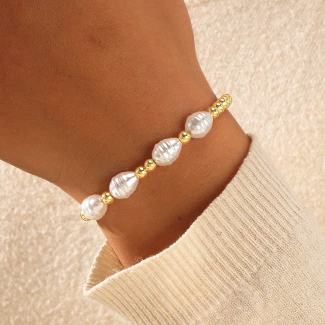 French Retro Brass Gold-Plated Pearl Bracelet Light Luxury High-End Feel Women's European and American Hot-Selling Beaded Bracelet In Stock Wholesale