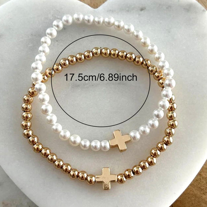 Cross-Border Fashion Personality Iron Gall Stone Cross Bracelet Imitation Pearl Layered Bracelet Copper Bead String Beaded Women's Bracelet