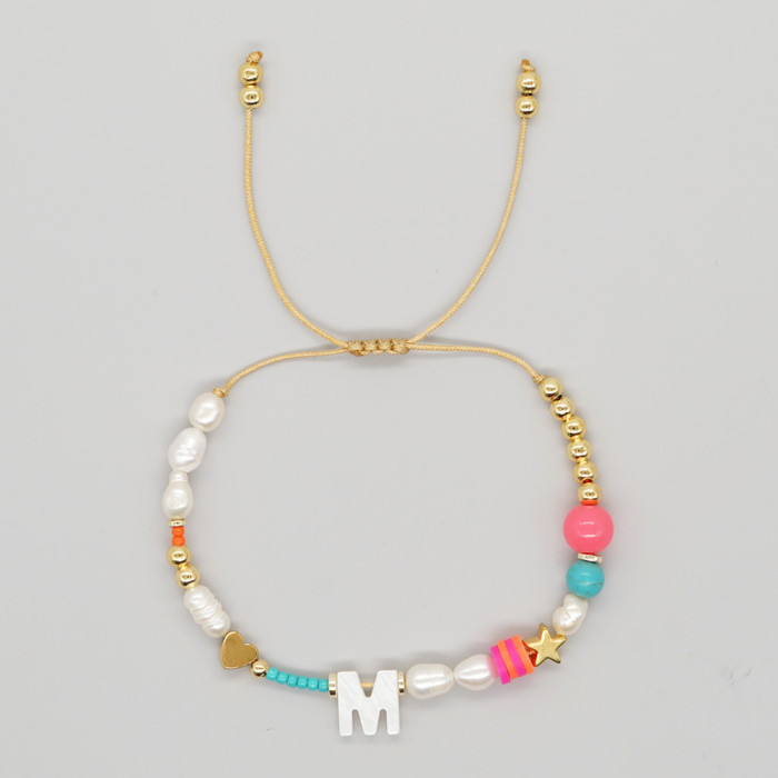 Heart-shaped Pentagram Shell Bracelet A-Z Letter Imitation Pearl Beaded Bracelet Valentine's Day Heart Gold Bead Brac...