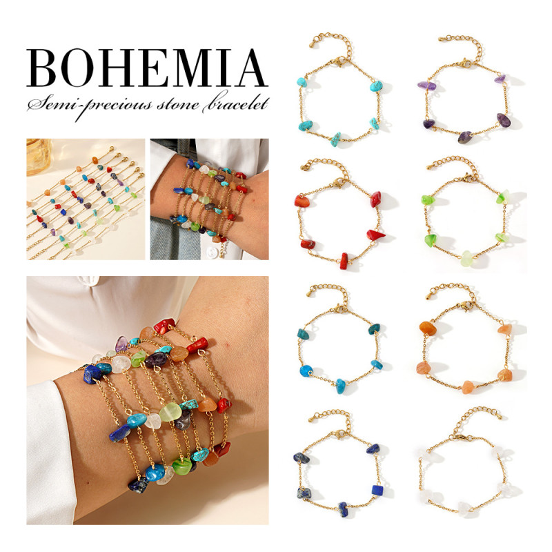 Colorful Irregular Crystal Raw Stone Bracelet Natural Stone Stainless Steel Starry Sky Bracelet Cross-Border Hot-Selling Jewelry