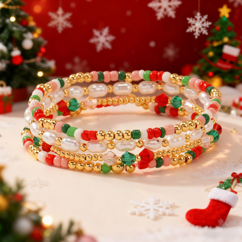 Cross-Border New Christmas Bracelet Four-Piece Set Rhombus Crystal Beads Rice-Shaped White Imitation Pearl Exquisite Style