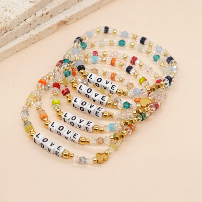 European and American Style Colorful Crystal Beaded Bracelet for Women, Heart Letter Semi-Precious Stone Mixed Couple Bracelet, Mother's Gift Jewelry