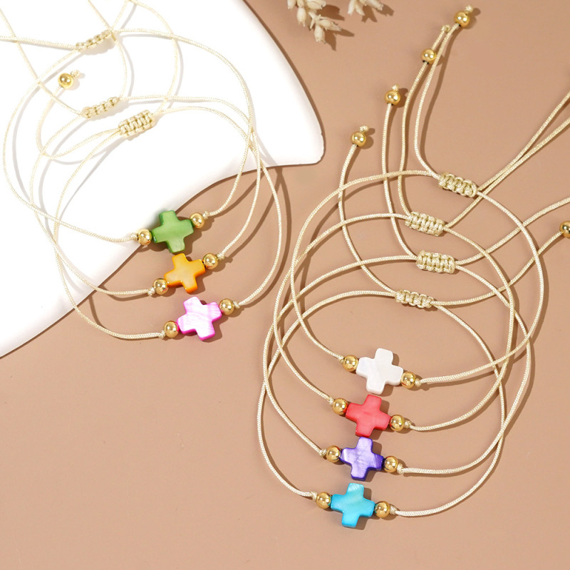 Cross-Border European and American Fashion Rainbow Color Shell Cross Bracelet for Women Simple Versatile High-End Layered Handmade Bracelet