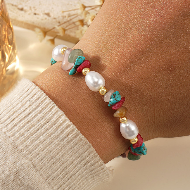 Cross-Border Imitation Pearl Copper Bead Mixed Color Crushed Stone Semi-Precious Stone Bracelet Light Luxury Retro Bracelet Ethnic Style Dopamine Bracelet