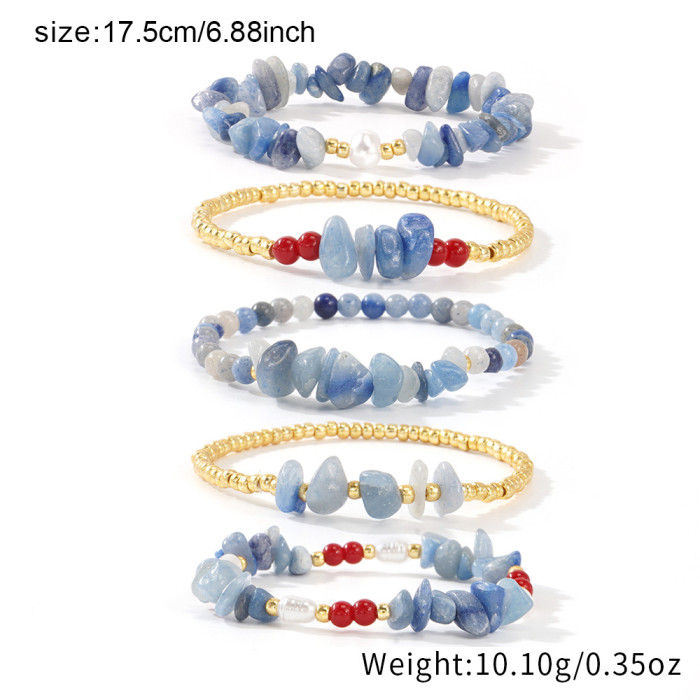 Cross-Border Hot Item Niche INS Semi-Precious Stone Bracelet Fashion Luxury Aquamarine Pearl Red Gold Bead Bracelet Five-Piece Set