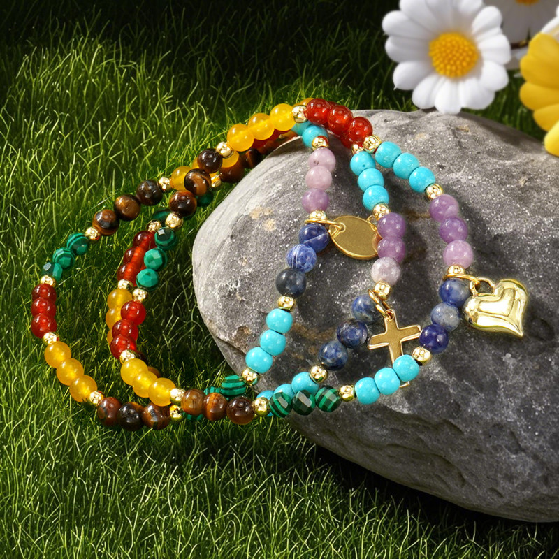 Amazon Colorful Natural Stone Bracelet Alloy Heart Pendant Copper Beads Semi-precious Stone Chain Niche Simple Design