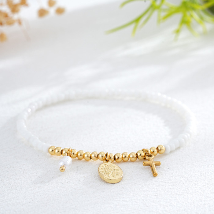 New Adjustable Bracelet Light Purple Domestic Bead Threaded Rice-Shaped Imitation Pearl Cross Pendant, Necklaces