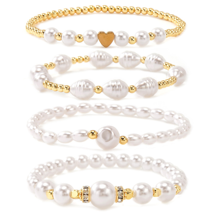 Amazon Wish Style Imitation Pearl Metal Copper Bead Bracelet Set of Four Vintage Versatile Women's Jewelry Set