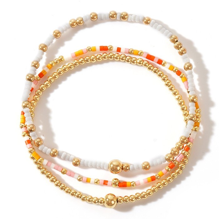 Bohemian Gold Plated Handmade Beaded Bracelet Gold Beads Bracelet Copper Beads Multi-Layer Stretch Jewelry, 24K Gold...
