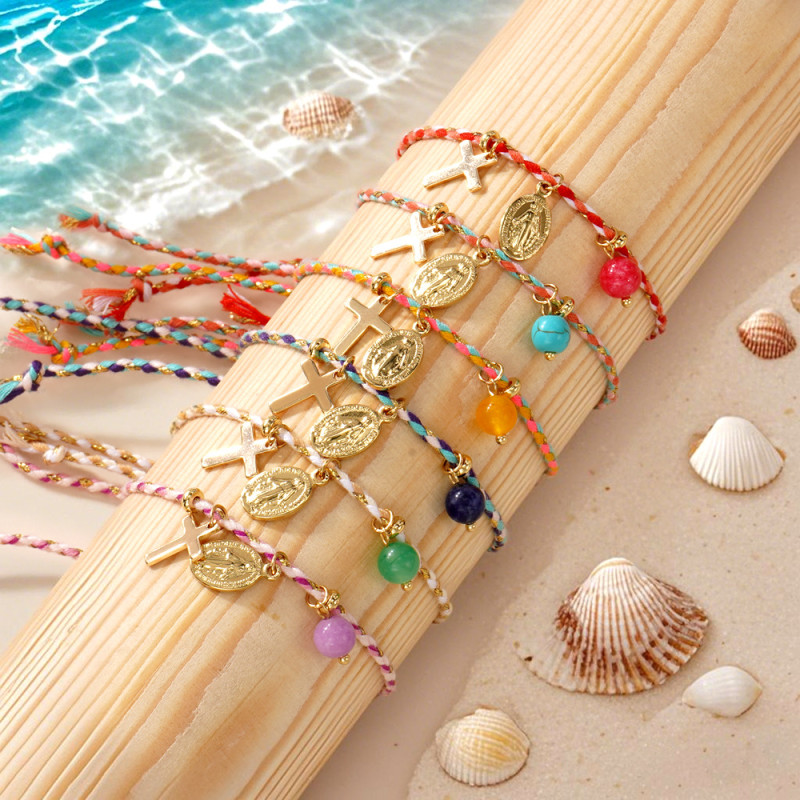 Natural Yellow Aventurine Cross Pendant Yellow Series Four-Color Hand-Twisted Cotton Rope Vintage Versatile Collarbone Chain
