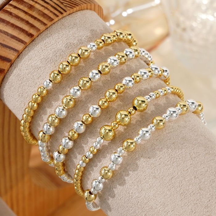 Light Luxury Texture Gold and Silver Copper Bead Bracelet Five-Piece Set Multi-Layer Stacking Design Women's Jewelry...