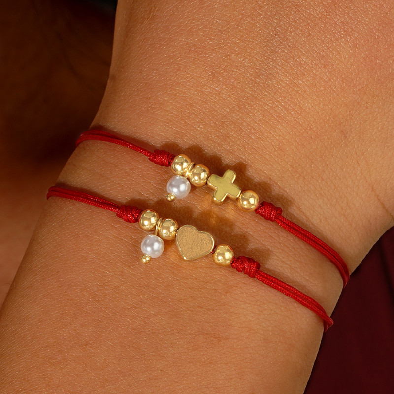 Cross-Border Hot-Selling Red Thread Rope Imitation Pearl Peach Heart Copper Bead Bracelet Simple Commuting Lucky Bracelet Adjustable Wholesale