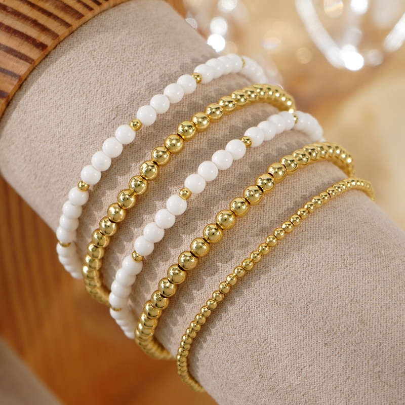 Cross-Border Exclusive Metal Copper Beads with White Acrylic Round Beads Bracelet Five-Piece Set Women's Beaded Jewelry