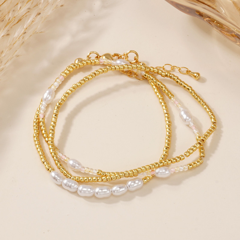 European and American Cross-Border Bracelet for Women, Crystal Imitation Pearl Beaded Layered Design, Gold Chain Blessing Fashionable High-End Feel