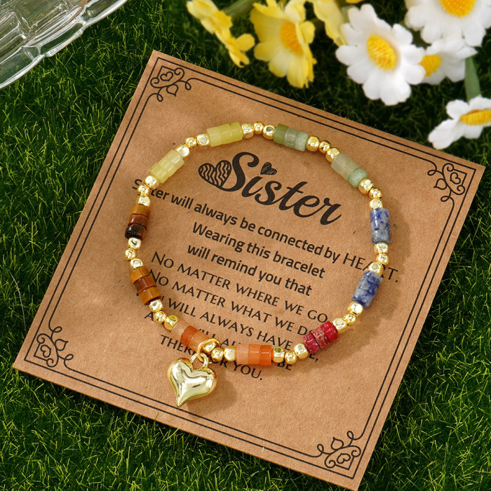 Vintage-Style Bracelet Alloy Heart Pendant Black Gallstone Square Beads Copper Beads Cylindrical Semi-Precious Stone Linked Style