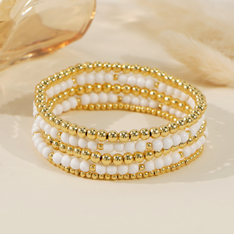 Cross-Border Exclusive Metal Copper Beads with White Acrylic Round Beads Bracelet Five-Piece Set Women's Beaded Jewelry