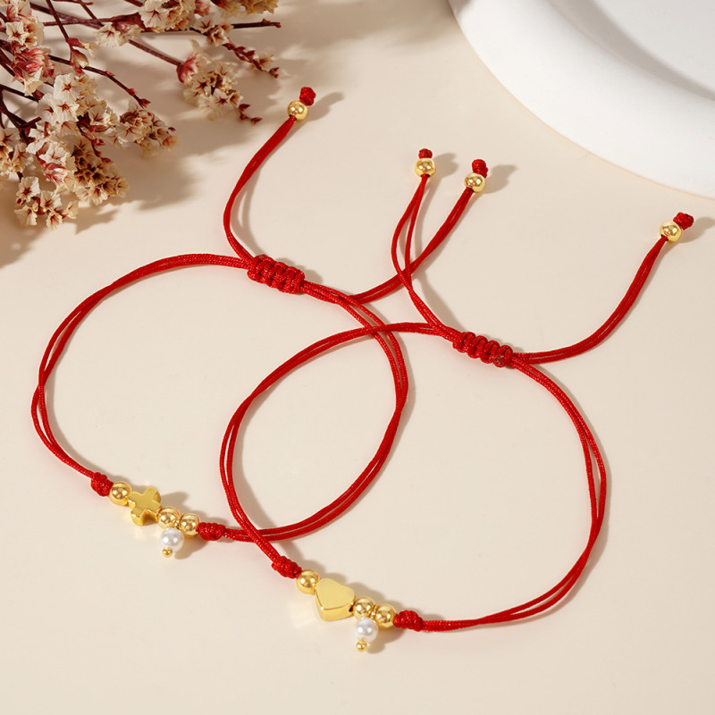 Cross-Border Hot-Selling Red Thread Rope Imitation Pearl Peach Heart Copper Bead Bracelet Simple Commuting Lucky Bracelet Adjustable Wholesale