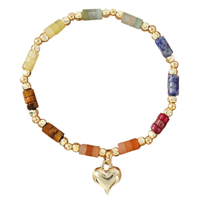Vintage-Style Bracelet Alloy Heart Pendant Black Gallstone Square Beads Copper Beads Cylindrical Semi-Precious Stone Linked Style