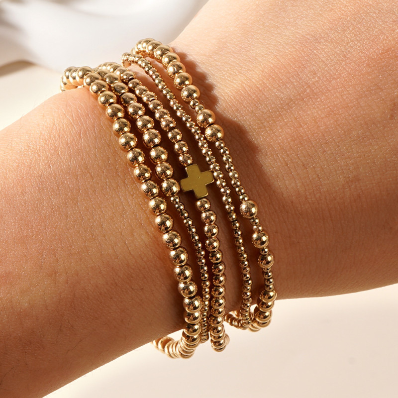 Cross-Border European and American INS Style Fashion Gold Bead Bracelet Gold Black Gallstone Cross Beaded Bracelet Wholesale