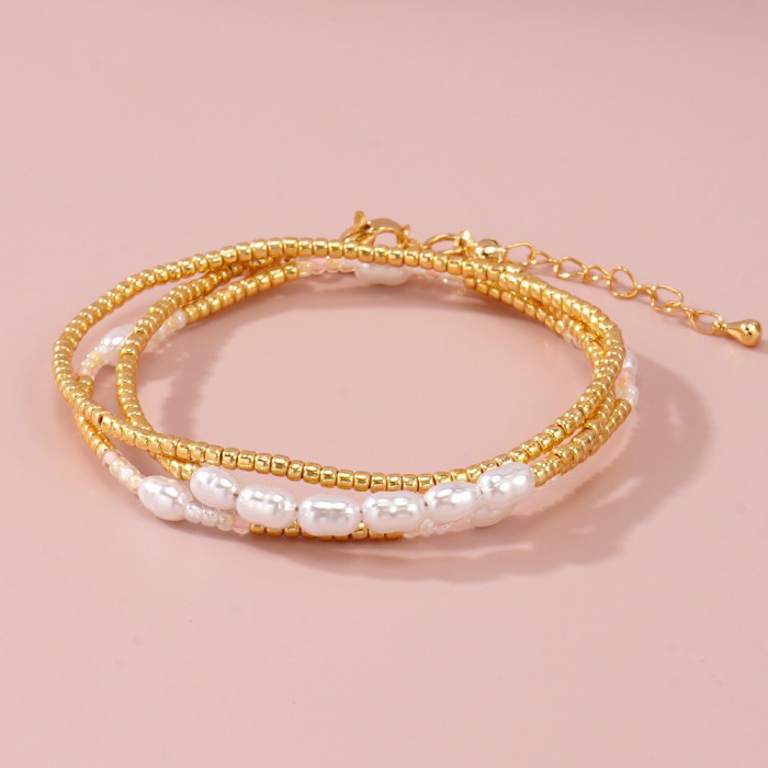 Personalized Design Gold Layered Jewelry Bracelet White Imitation Pearl Multi-Layer Bracelet Wholesale High-End Feel...