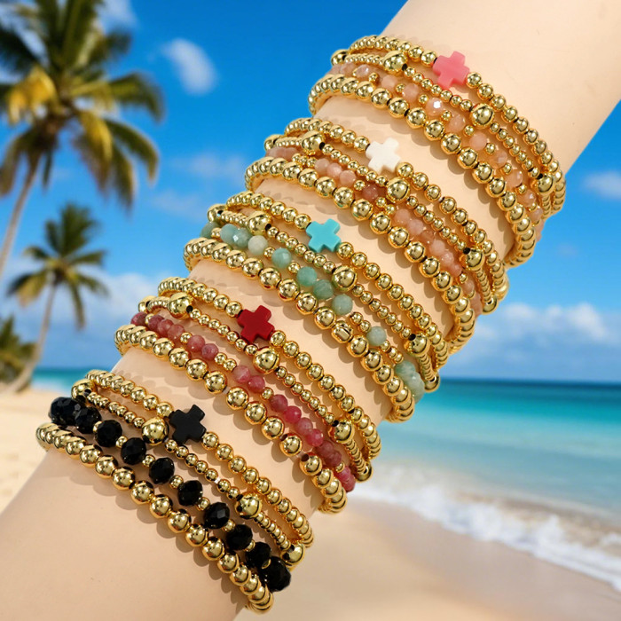 Light Pink Crystal Copper Bead Four-Piece Bracelet Set Pink Cross Decoration Gentle Girly Multi-Layer Jewelry