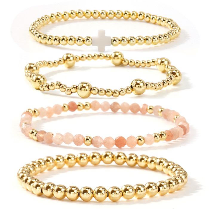Light Pink Crystal Copper Bead Four-Piece Bracelet Set Pink Cross Decoration Gentle Girly Multi-Layer Jewelry