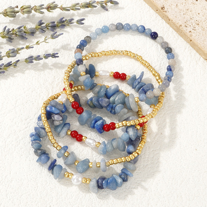 Cross-Border Hot Item Niche INS Semi-Precious Stone Bracelet Fashion Luxury Aquamarine Pearl Red Gold Bead Bracelet Five-Piece Set