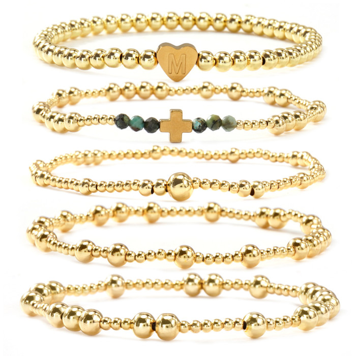 Cross-Border Hot-Selling Faceted African Pine Copper Bead Bracelet Five-Piece Set Gold Heart Letter Light Luxury Jewelry