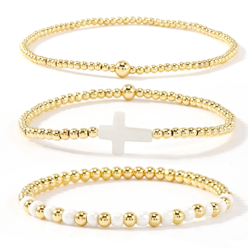 Cross-Border Hot Selling Light Luxury Gold Bead Bracelet Three-Piece Set·Classic Cross + Pearl Shell High-End Elegant Must-Have
