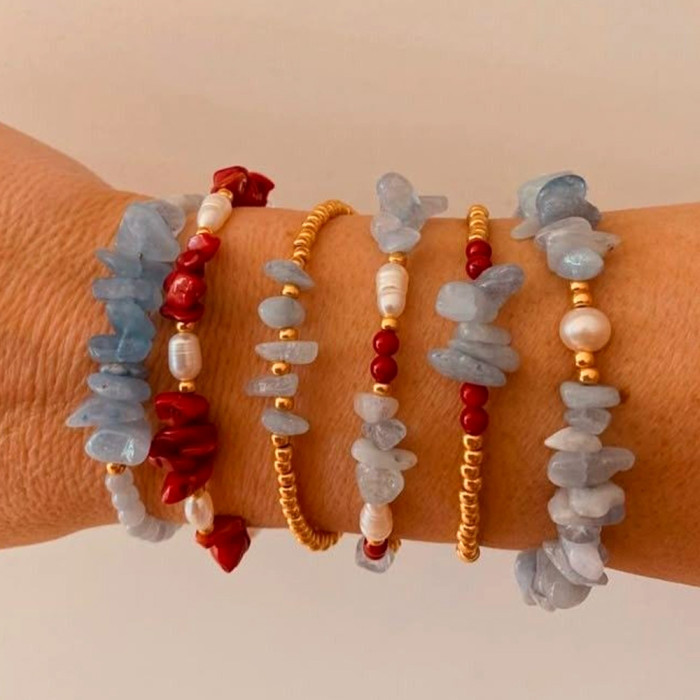 Cross-Border Hot Item Niche INS Semi-Precious Stone Bracelet Fashion Luxury Aquamarine Pearl Red Gold Bead Bracelet Five-Piece Set