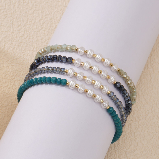 Imitation Pearl Metal Copper Bead Bracelet Zhonglan Porcelain Crystal Flat Beads Women's Light Luxury Blue Pine Color Whitening Accessories