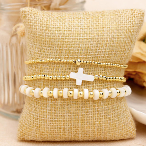 Cross-Border Hot Selling Light Luxury Gold Bead Bracelet Three-Piece Set·Classic Cross + Pearl Shell High-End Elegant Must-Have