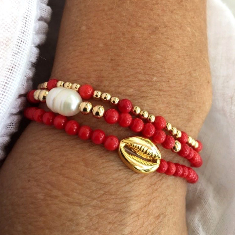 Cross-Border Hot-Selling Three-Piece Set Imitation Pearl Bracelet Trendy Light Luxury Large Round Beads Red Acrylic Stacked Bracelet Jewelry