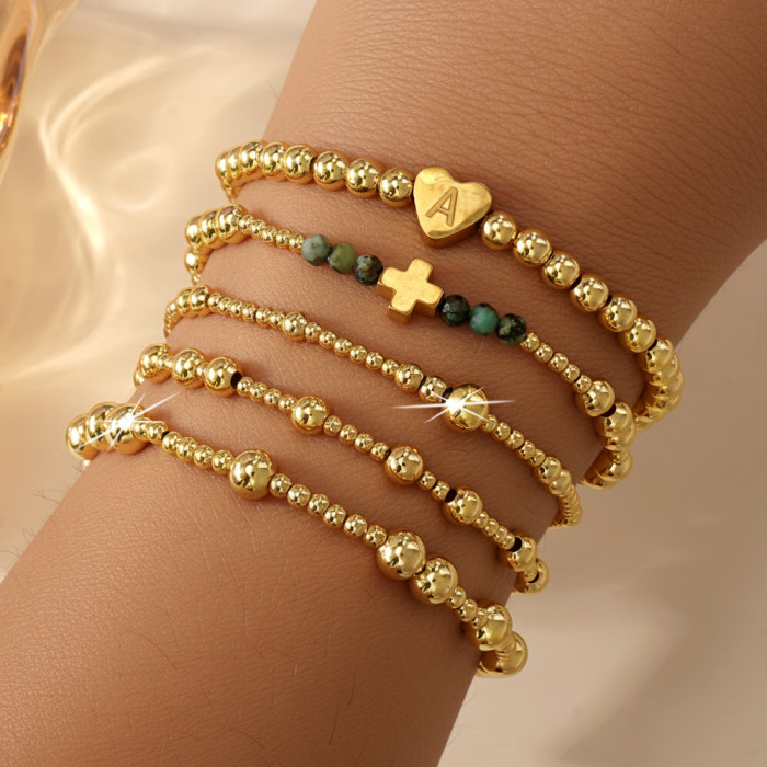 Cross-Border Hot-Selling Faceted African Pine Copper Bead Bracelet Five-Piece Set Gold Heart Letter Light Luxury Jewelry