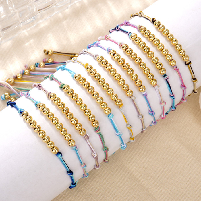 Ins Style Simple Gradient Blue Braided Rope Bracelet with Gold Beads Handmade Adjustable Bracelet Niche Design for Be...