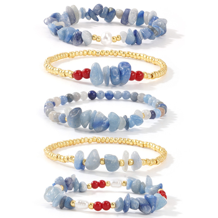 Cross-Border Hot Item Niche INS Semi-Precious Stone Bracelet Fashion Luxury Aquamarine Pearl Red Gold Bead Bracelet Five-Piece Set