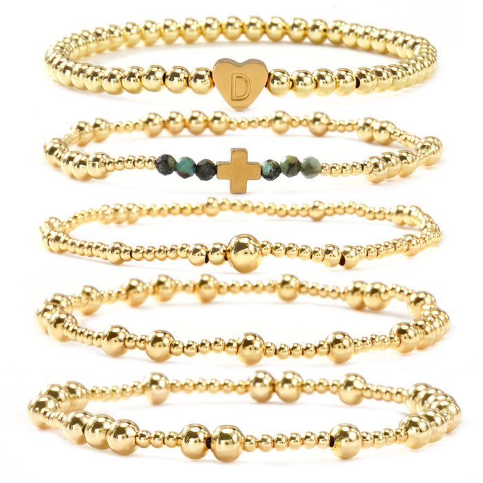 Cross-Border Hot-Selling Faceted African Pine Copper Bead Bracelet Five-Piece Set Gold Heart Letter Light Luxury Jewelry