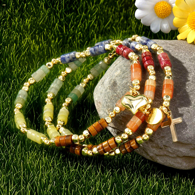 Vintage-Style Bracelet Alloy Heart Pendant Black Gallstone Square Beads Copper Beads Cylindrical Semi-Precious Stone Linked Style