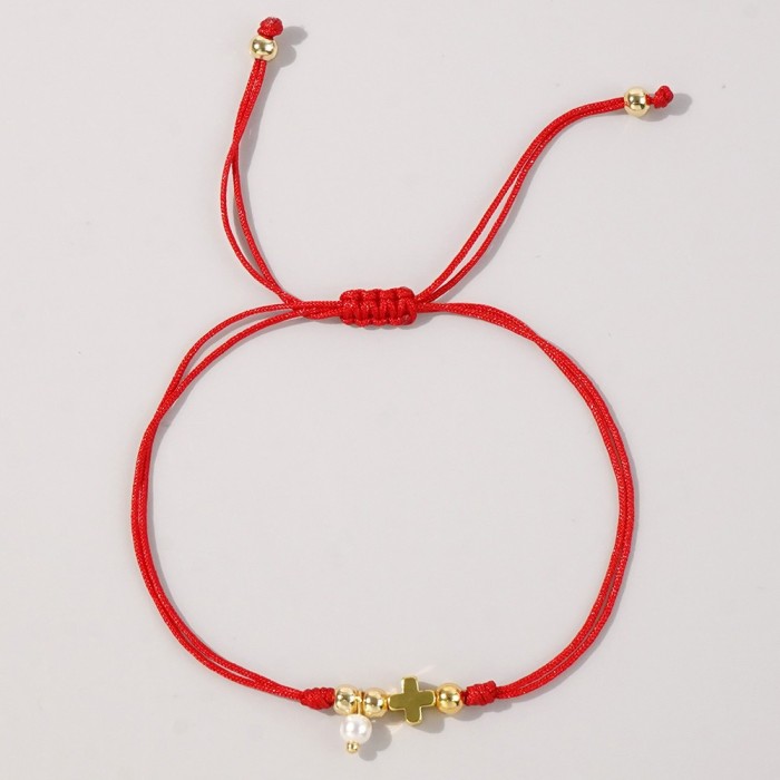 Cross-Border Hot-Selling Red Thread Rope Imitation Pearl Peach Heart Copper Bead Bracelet Simple Commuting Lucky Bracelet Adjustable Wholesale