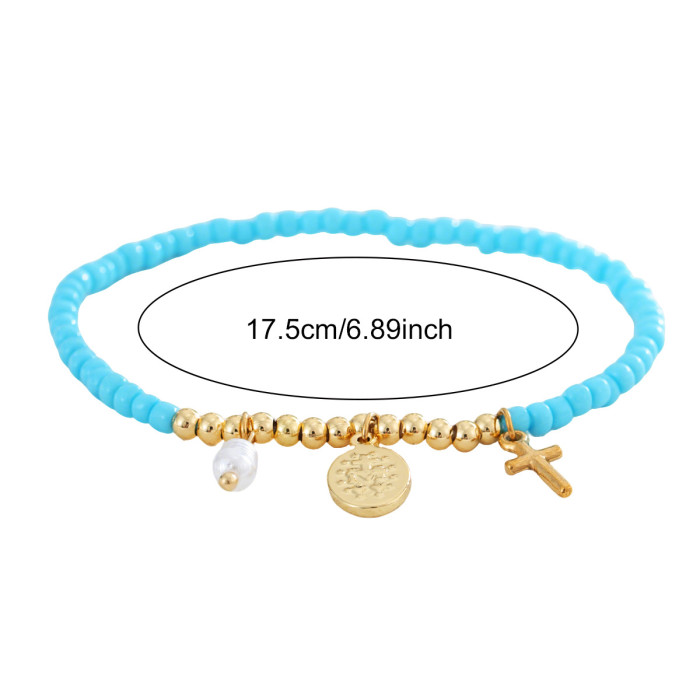 New Adjustable Bracelet Light Purple Domestic Bead Threaded Rice-Shaped Imitation Pearl Cross Pendant, Necklaces