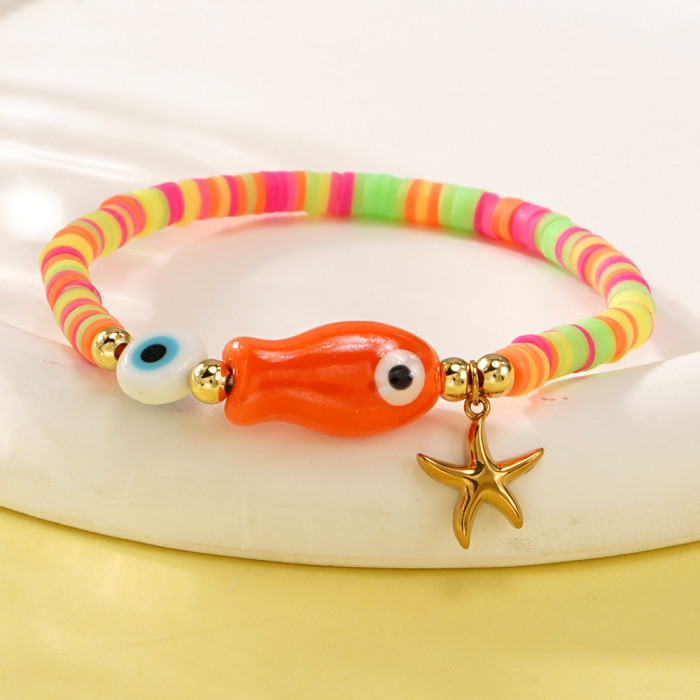 Mixed Color Soft Clay Bracelet Metal Copper Beads Bright Orange Fish Summer Ocean Style Ins Hot Sale