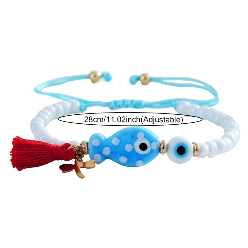 Fresh Dragonfly Bracelet with White Domestic Beads, Blue Ceramic Dots, Small Fish Porcelain, White Glass Flat Beads, and Red Cotton Thread Tassel