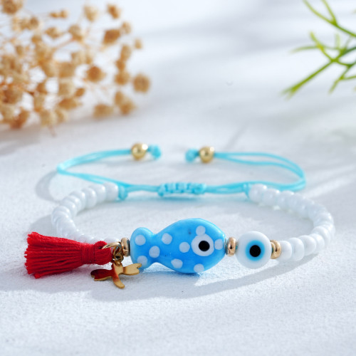 Fresh Dragonfly Bracelet with White Domestic Beads, Blue Ceramic Dots, Small Fish Porcelain, White Glass Flat Beads, and Red Cotton Thread Tassel