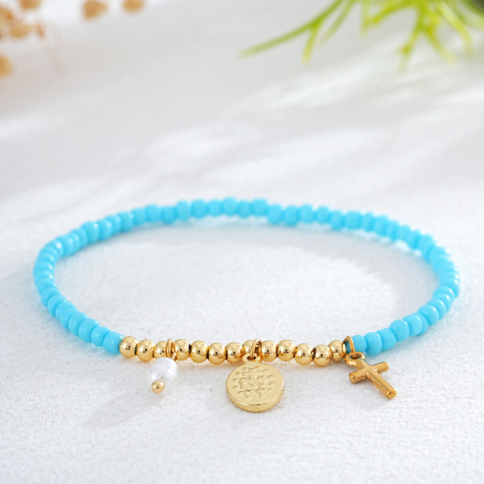 New Adjustable Bracelet Light Purple Domestic Bead Threaded Rice-Shaped Imitation Pearl Cross Pendant, Necklaces