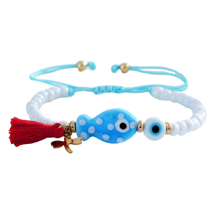 Fresh Dragonfly Bracelet with White Domestic Beads, Blue Ceramic Dots, Small Fish Porcelain, White Glass Flat Beads,...