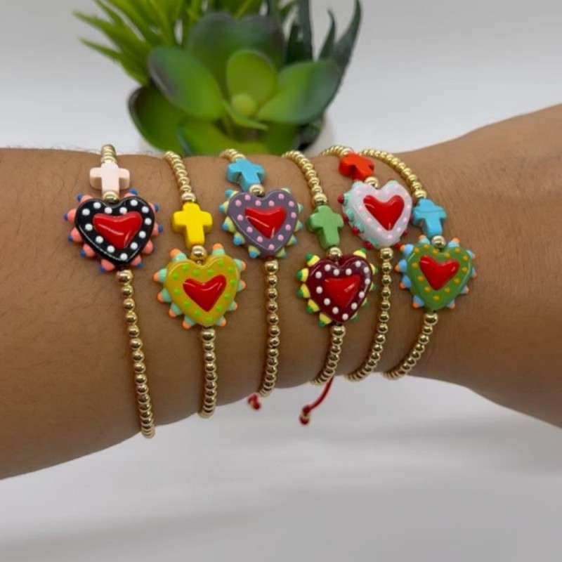 2025 European and American Style Cross-Border New Colorful Cross Heart Bracelet with Gold Beads, Light Luxury Fashionable Elegant Jewelry