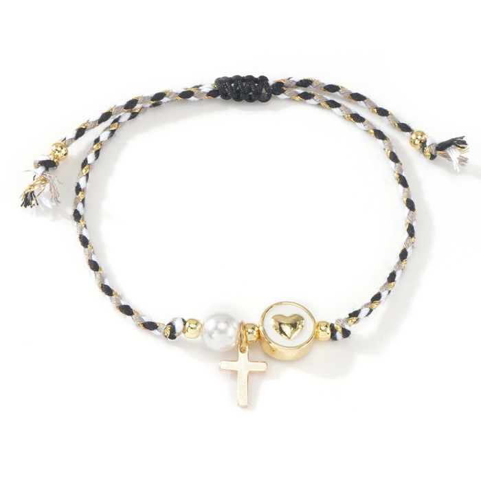 Niche Smooth Imitation Pearl Cross Bracelet White Background Heart with Copper Beads Simple High-end Style Women's Jewelry