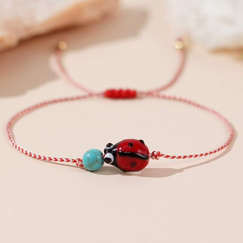 Hot Selling Fashion Simple Copper Bead Turquoise Ladybug Red and White Cotton Rope Bracelet for Women Crystal Geometric Design Handmade